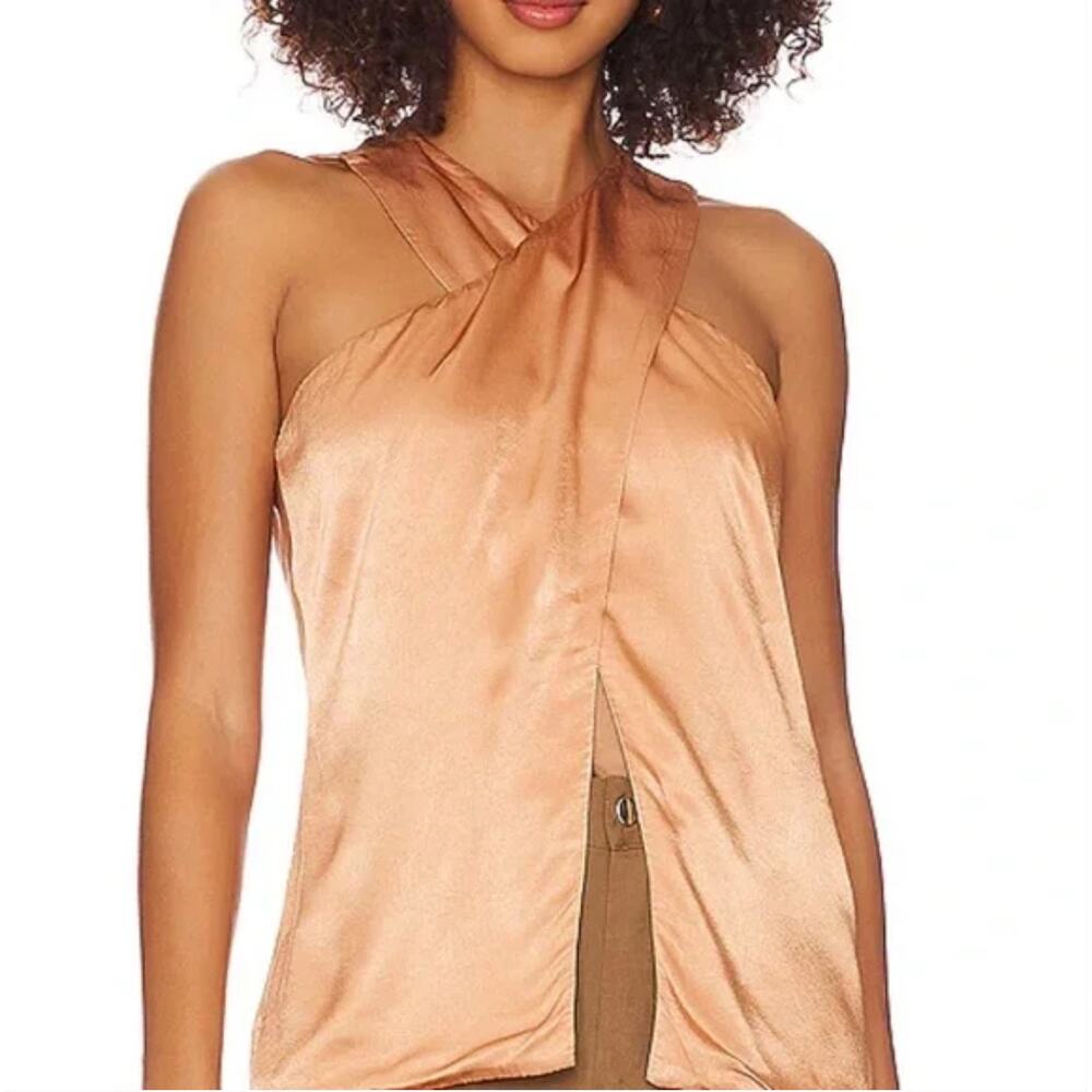 LANSTON Copper Satin Cross Front Flyaway Halter Style Sleeveless Top Small BNWT